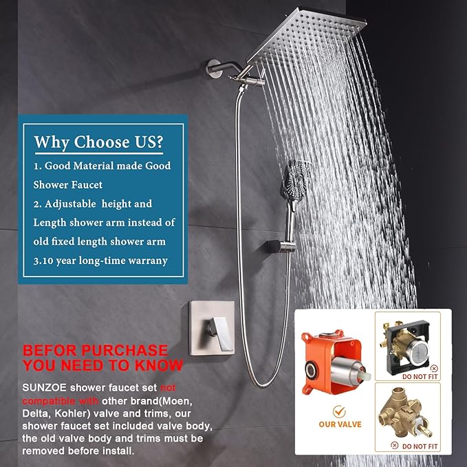 Shower Faucet Set Brushed Nickel Rough-in Anti-Scald Pressure Balanced Valve Body Modern Luxury Wall Mounted 10 Inch Rain Mixer Shower System (Brushed Nickel)