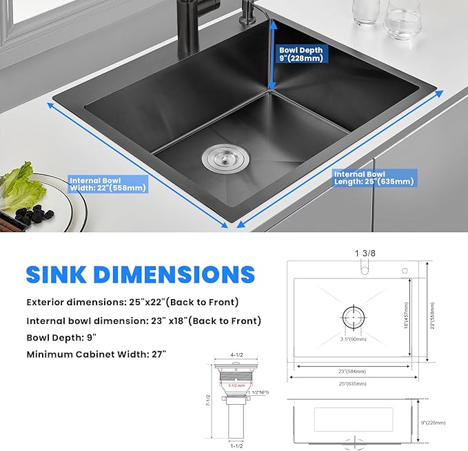 POPFLY 25x22 Inch Drop In Black Kitchen Sink, 25 Inch Top Mount 9 Inch Deep Single Bowl Laundry Utility Stainless Steel Outdoor Sink