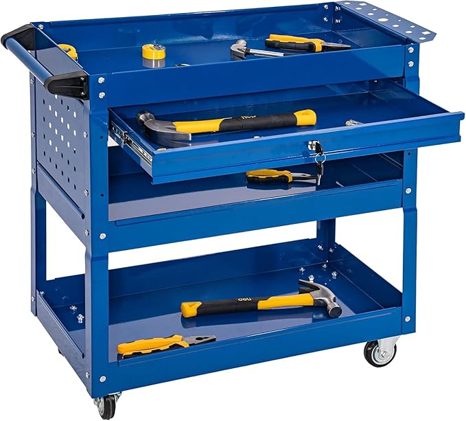 SUN & SUMMER 3-Tier Rolling Tool Cart with Wheels, Rolling Tool Chest 330 LBS Capacity Heavy Duty Utility Industrial Service Cart with Locking System Drawer for Garage, Warehouse, Repair Shop (Blue)