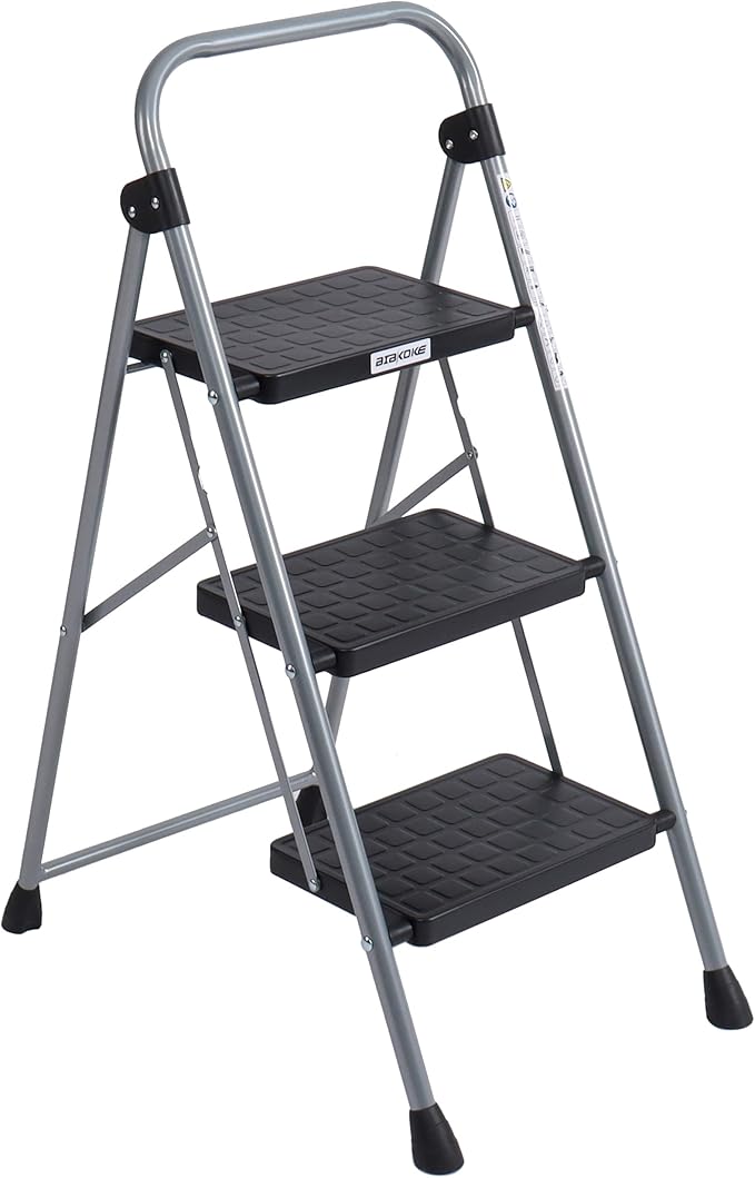 3-Step Ladder Folding Step Stool with Anti Slip Pedal and Handgrip Portable Sturdy Ladder for Home & Office 330 Lbs Silver Grey