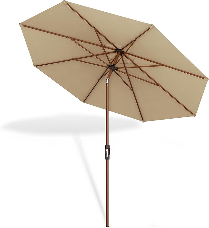Midtown Umbrellas Sunbrella Umbrella Outdoor Patio Umbrella 2-9 Feet in Heather Tan Acrylic Fabric, Auto-Tilt Aluminum Frame For Backyard Umbrella, Deck Umbrella & Porch Umbrella - Wooden Pole