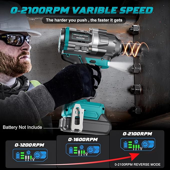 Cordless Impact Wrench 1/2 inch for Makita 18V Battery, 900Ft-lbs(1200N. m) Brushless Electric Power Impact Driver Gun Tool, 2100RPM High Torque Impact Wrench with LED Work Light (No Battery)