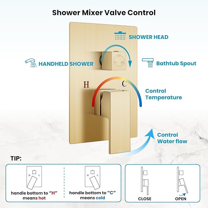gotonovo Rain Shower Faucet System Set Rainfall Shower Head with Handheld Sprayer Waterfall Tub Spout Wall Mounted Mixer Combo Rough-in Valve and Trim Included 12 Inch Showerhead Brushed Gold
