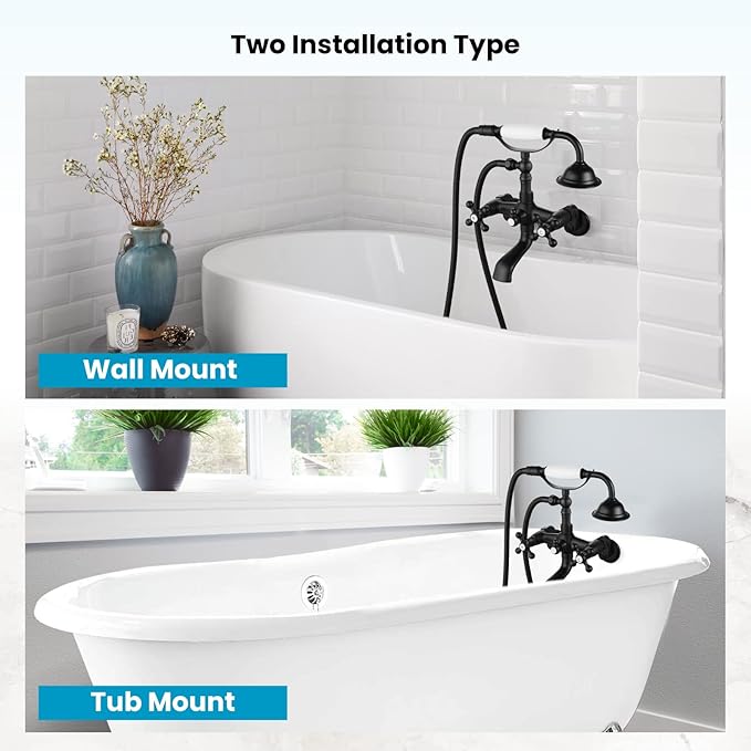 gotonovo Clawfoot Bathtub Faucet Tub Filler with Hand Held Shower Faucet Set Victorian Double Cross Handle 6 Inch Center Adjustable Swing Arms Tub Mount Short Adapter Matte Black