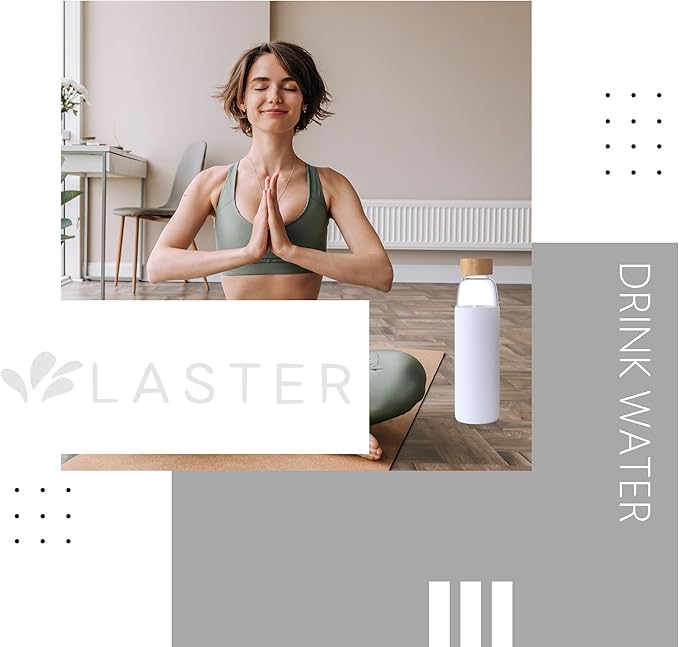 Laster Glass Water Bottle 20 Oz, 600 ml, made of Borosilicate Glass, 1 Bamboo & 1 Stainless Steel Lid, BPA Free, Non-Slip Silicone Sleeve (White)