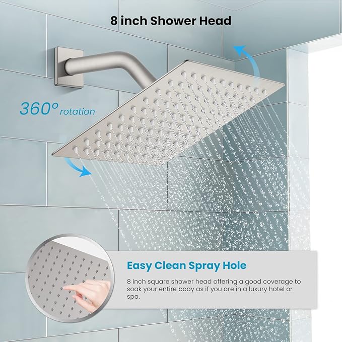 gotonovo Rainfall Tub Shower Faucet Set Bathroom Shower System with Tub Spout Wall Mount Square High Pressure Shower Fixtures with Handheld Sprayer Rough-In Valve 8'' Shower Head,Brushed Nickel