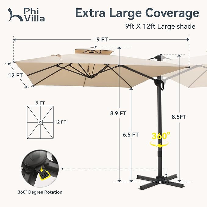 PHI VILLA 9’ x 12’ Cantilever Patio Umbrella with Base, Outdoor Rectangular Heavy Duty Large Umbrella with Hydraulic Lift and 360° Rotation, Beige