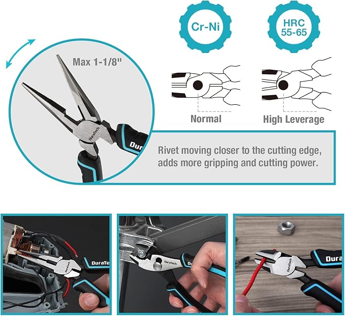 DURATECH 5-Piece Cr-Ni Pliers Set, 6" Long Nose, Slip Joint, Diagonal Cutting, 8" Linesman, Groove Joint Pliers, Easy Storage Oxford Rolling Pouch