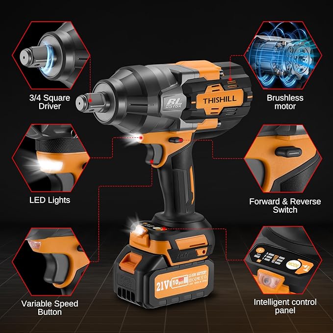 This Hill 3/4 inch Cordless Impact Wrench 1/2",1328Ft-lbs(1800Nm),21V Brushless lmpact Driver Set,2x 4.0Ah Battery,High Torque Power Impact Gun for Agricultural Machinery Truck
