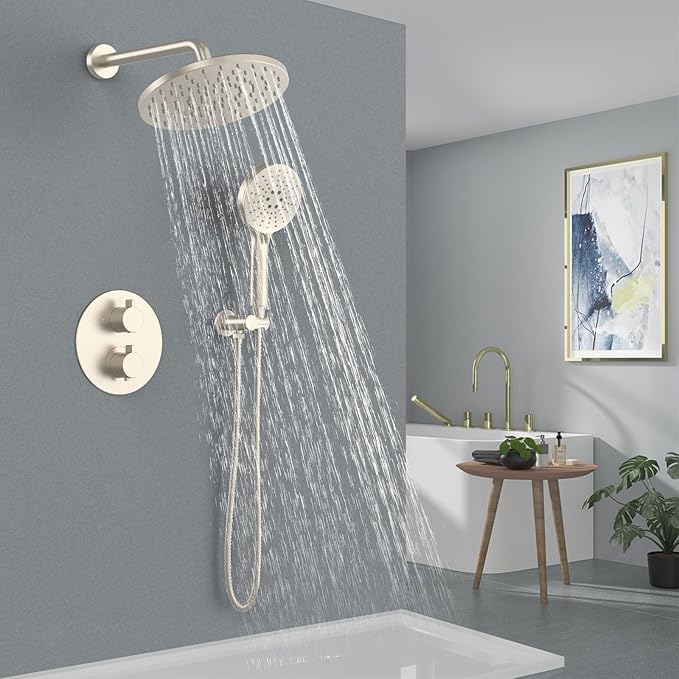 Iriber Thermostatic Shower System Wall Mount with 10 Inch Roud Rainfall Shower Head and Handheld,Shower Faucet Mixer Trim Kit (Valve Included),Brushed Nickel