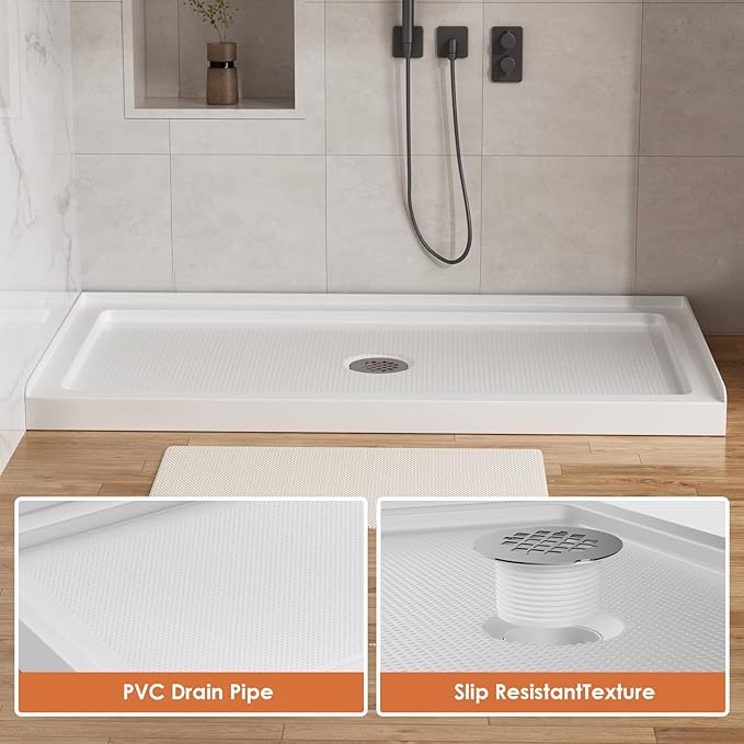 60"x 32" Shower Base, Center Drain Single Threshold Shower Pan with Slip Resistant Textured Surface, Stainless Steel Drain Cover(Center)