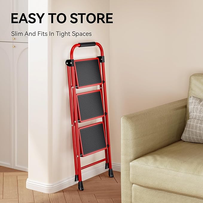 KINGRACK 3 Step Ladder, Folding Step Stool with Anti-Slip and Wide Pedal, Lightweight Stepladder with Handrails, Portable for Kitchen, Household, Red