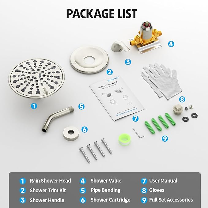 Brushed Nickel Shower Faucet Set, EMBATHER Shower Fixtures with 6 Inch Rainfall Shower Head, Single Handle Control Shower Valve and Trim Kit