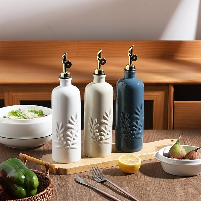 Sweejar 18 Oz Oil Dispenser for Kitchen with Gravity Spout, Ceramic Olive Oil Dispenser Bottle, Relief Opaque Vinegar Container for Evoo, Vinegar, Soy Sauce, Pack of 1(White, Silver Spout)