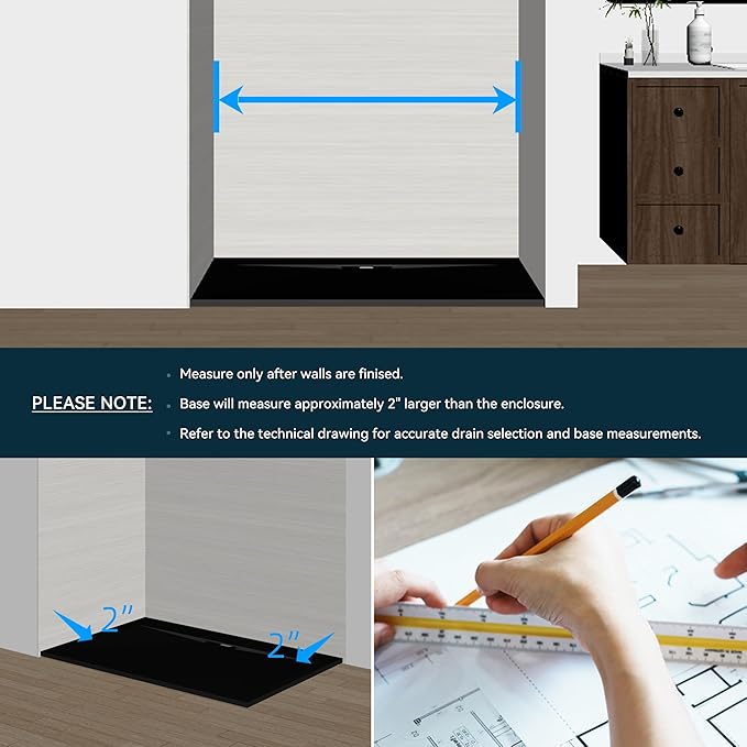 FerdY 47.2"x35.4" Low Threshold Shower Base, Non-Slip SMC Slate Stone Surface Shower Pan with SMC Drain Cover and 3-Sided Aluminum Waterproof Strip, Black