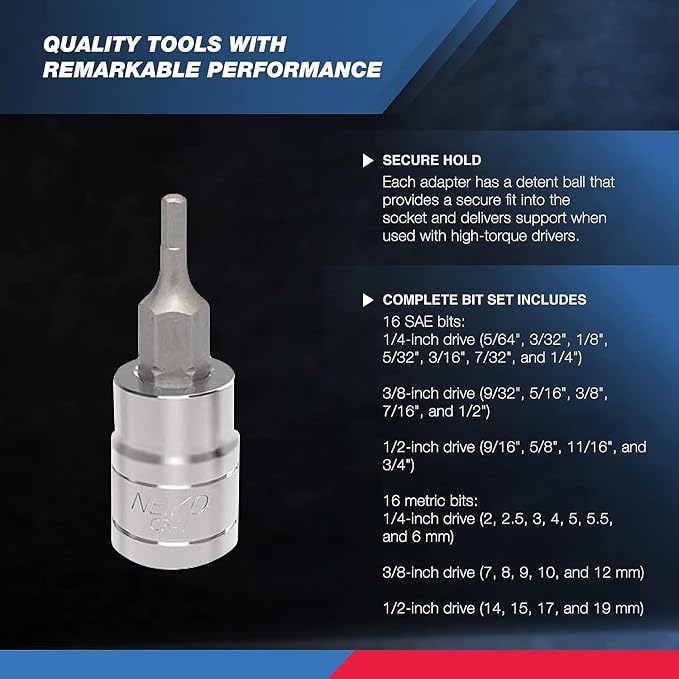 NEIKO 10288A Allen Hex Bit Socket Set, 32 Piece SAE and Metric Allen Socket Set, Allen Head Hex Key Socket Set Made with S2 Steel