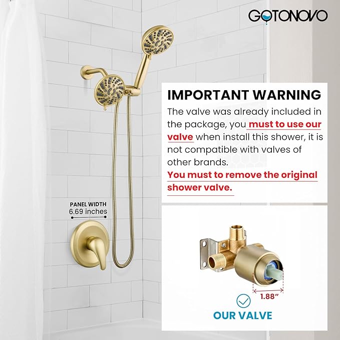 gotonovo Dual 2 in 1 Shower Head Kit High Pressure Combo System Shower Faucet 6 Modes ABS Handheld Spray Shower Trim Kit with Valve Shower Head and Handle Set Brushed Gold