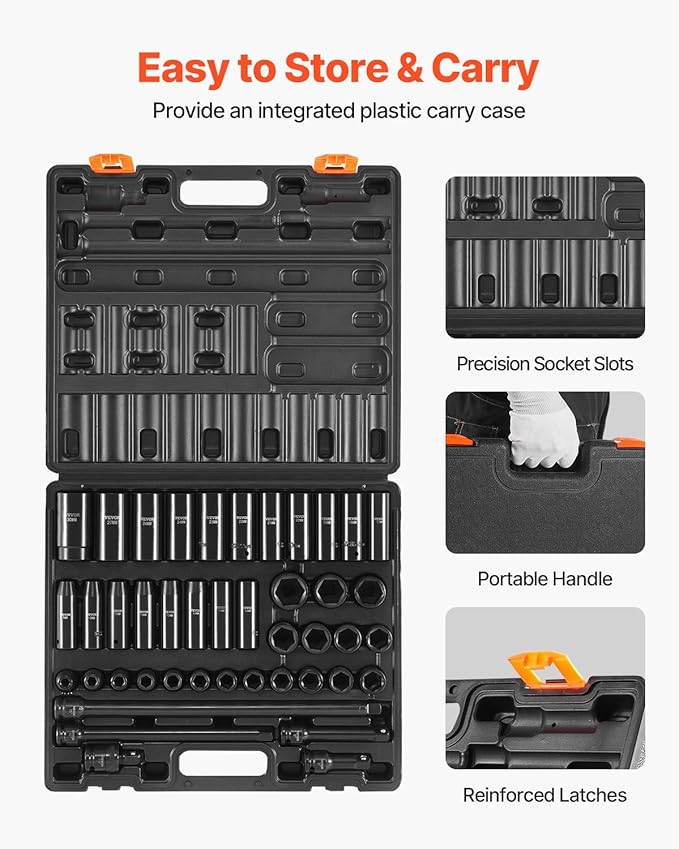 VEVOR Impact Socket Set, 1/2 Inches 43 Piece Impact Sockets, 1/2 Inches Drive Socket Set, High-torque Standard Socket Assortmen with 4 Extension Bars, 6-Point Sockets Metric 9-30mm (Standard/Deep)
