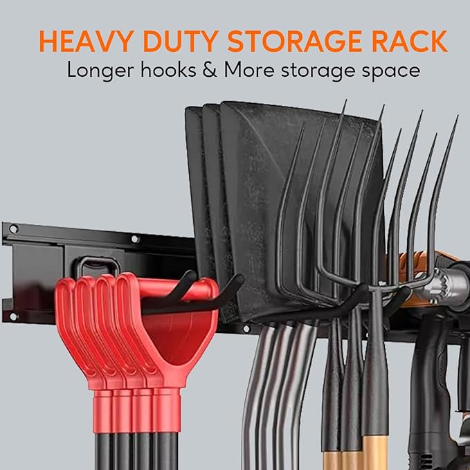 Wall Mount Folding Chair Hangers for Garage, Heavy Duty Garage Organizer Rack with 6 Adjustable Hooks, 48 Inch Tracks, Max Load 450lb, Storage for Rake, Shovel, Ski Tools