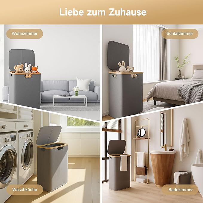 145L Double Laundry Basket with Lid, 2 Section Dirty Clothes Hamper with 2 Removable Bags for Bedroom, Bathroom, Dorm, Gray