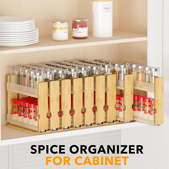 SpaceAid Bamboo Pull Out Spice Rack Organizer for Cabinet, Heavy Duty Slide Out Seasoning Kitchen Pantry Sliding Vertical Organization, 7.6" Wide, 3 Drawers(2" Wide), 2-Tier, Natural