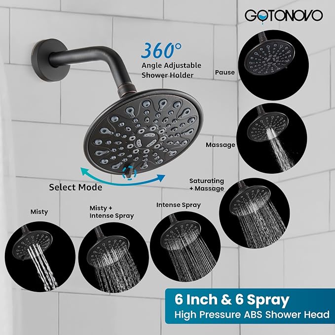 gotonovo Tub Shower Faucet Set Shower Head and Handle Set 6 Modes 6 inch Bathroom Trim Kit with Tub Spout High Pressure Shower System Combo with Valve Round Showerhead Oil Rubbed Bronze