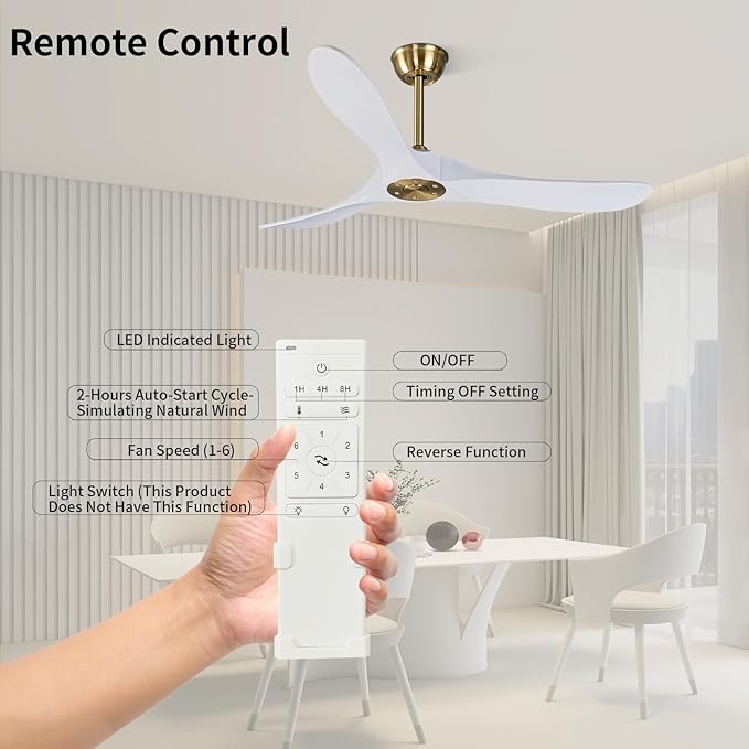 Bigzone 52" Outdoor/Indoor Ceiling Fan With Remote Control, DC Motor Quiet Energy Saving,3 White Balsa Wood Blades,Wooden Ceiling Fan no light With Reversible Blades
