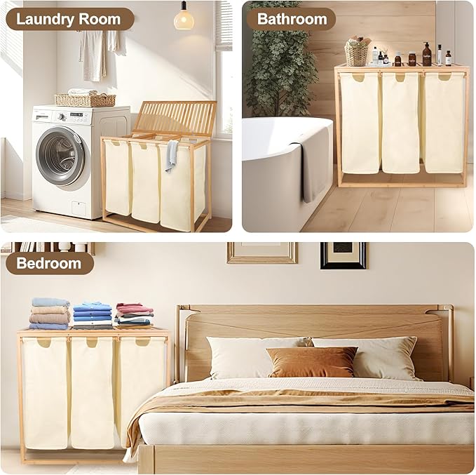 Bamboo Laundry Hamper 3 Section with Lid, 150 L Laundry Sorter with Pull-Out Removable Washable Bags, 3 × 12.5 Gal Divided Laundry Baskets for Laundry Room, Bathroom (Beige)