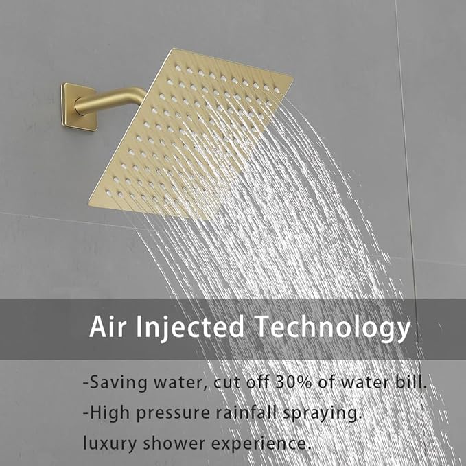 Brushed Gold Shower System with High Pressure 8'' Rainfall Shower Head, Handheld Shower head, Bathroom Luxury Rain Mixer Shower Combo Set Wall Mounted Shower Faucet Rough-in Valve and Trim Kit