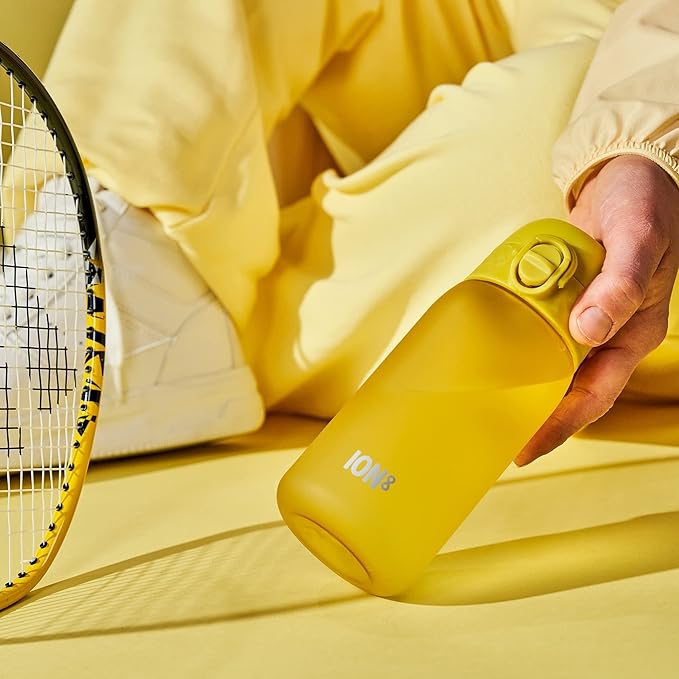 Ion8 Small Water Bottle, 350 ml/12 oz, Leak Proof, Easy to Open, Secure Lock, Dishwasher Safe, BPA Free, Carry Handle, Hygienic Flip Cover, Easy Clean, Odor Free, Carbon Neutral, Sunset Yellow