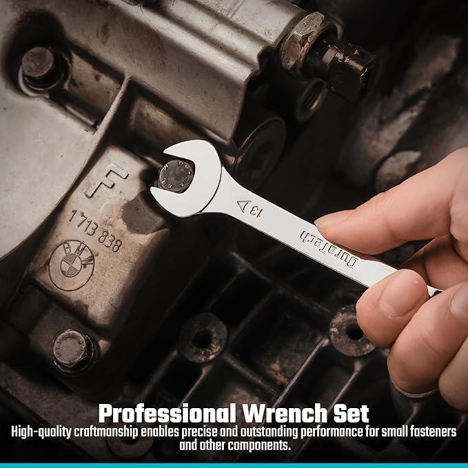 DURATECH Super-thin Open End Wrench Set, SAE(5/16" to 1-1/16") & Metric(5.5mm to 27mm), 16-Piece, Slim Spanner Wrench Set with EVA Tray Storage