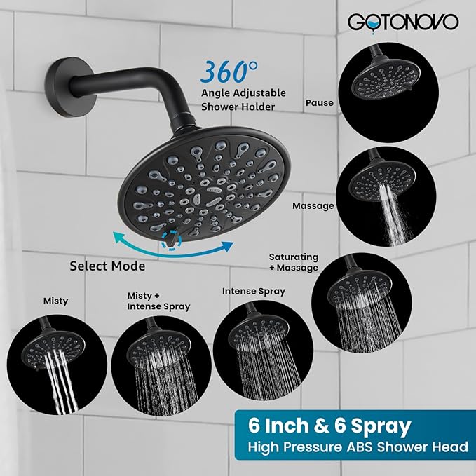 gotonovo Tub Shower Faucet Set Shower Head and Handle Set 6 Modes 6 inch Bathroom Trim Kit with Tub Spout High Pressure Shower System Combo with Valve Round Showerhead Matte Black