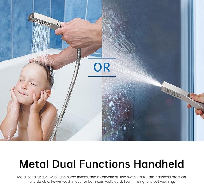 G-Promise All Metal 12 Inches Rain Shower Head with Handheld Built-in Power Wash Mode, 3-way Diverter with Pause Setting, 11 Inches Adjustable Extension Arm with Lock Joint, Long Hose (Brushed Nickel)