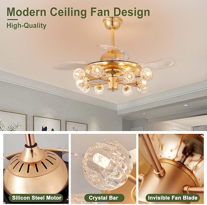 42" Chandelier Ceiling Fans with Lights: 12-Light Sputnik Ceiling Fan Crystal Chandeliers - Modern Retractable Fandelier Ceiling Fan for Bedroom Living Room - Gold Fandelier with Lights