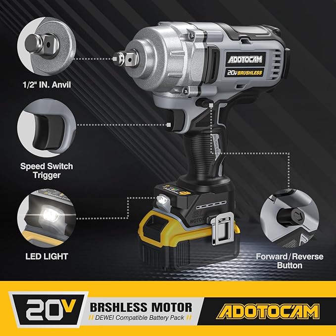 Cordless Impact Wrench, 1/2 inch Impact Gun for 20V Dewalt Battery, 730Ft-lbs(1000N.m) Brushless High Torque Power Impact Wrench with 3-Mode Speed, LED Work Light, Belt Clip (Battery Not Included)