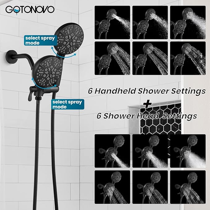 gotonovo Shower Valve and Trim Kit 2 in 1 Shower Head and Handle Set System Bathroom Shower Faucet Set 3 Modes Various Combinations High Pressure with Rough-in Valve Matte Black