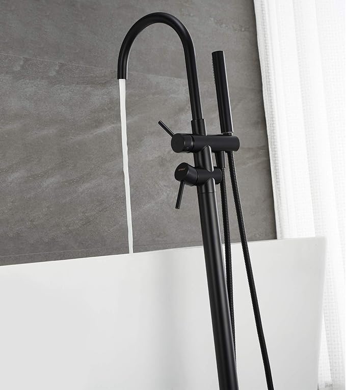 Freestanding Tub Filler Bathtub Faucet Black Floor Mount Brass Bathroom Faucets with Hand Shower