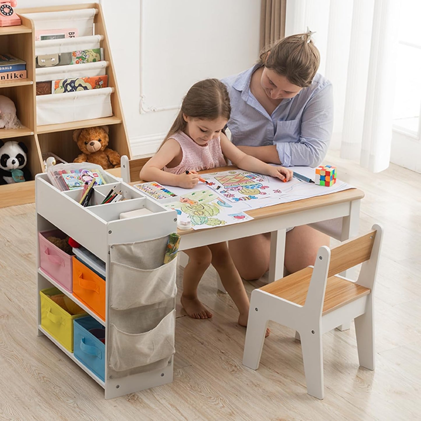 Kids Art Table and Chair - Toddler Craft Table and Chairs Set with 2 Chair & Bins, Large Storage Kids Activity Desk with Paper Roll for Playrooms & Classroom, 40" L x 20" W, Natural