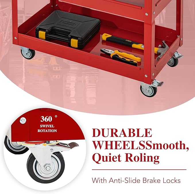 3 Tier Rolling Tool Cart with Wheels, Tool Box with Drawers Universal Chest Lockable Wheels, Utility Industrial Service Car Adjustable Shelf and Locking Mechanism, for Workshop, Repair Shop (Red)