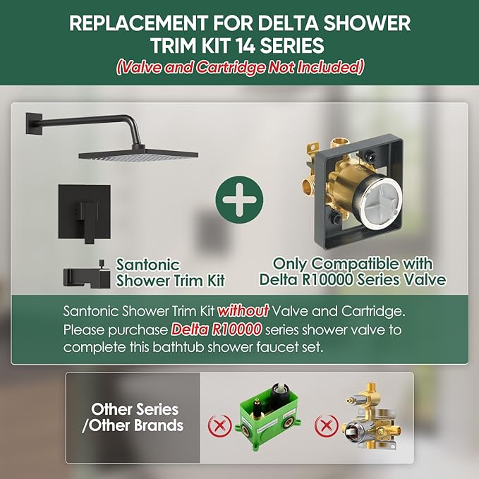 Replacement for Delta Faucet Shower Trim Kit 14 Series, Matte Black Bathtub Shower Faucet Set, 10-Inch Black Shower Head and 16-Inch Shower Arm Combo(Valve/Cartridge Not Included)