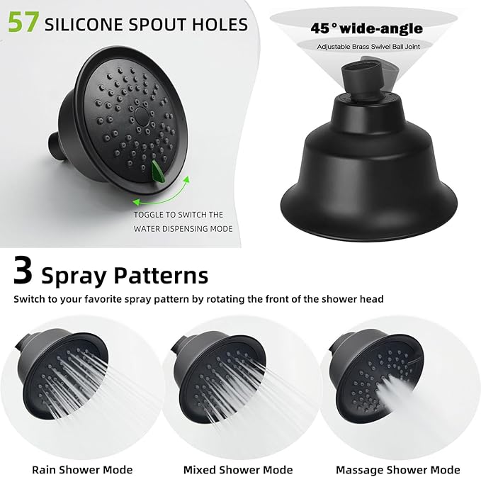 2 Handle Shower Faucet,2 Knobs Tub and Shower Trim Kit with Valve,Two Handles Shower Faucet Set with 3 Modes Rainfall Shower Head,Shower Trim Kit Wall Mounted,Matte Black,1A3MK-W