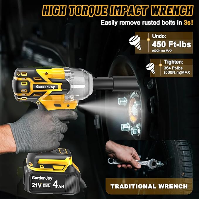 Cordless Impact Wrench 1/2 Inch, 21V Max Brushless, 450 Ft-lbs (600N.m) Max Torque, 3-Speed, w/ 4.0Ah Battery & Quick Charger, 6Pcs Impact Sockets - for Automotive Repair, Tire Changing, Home DIY