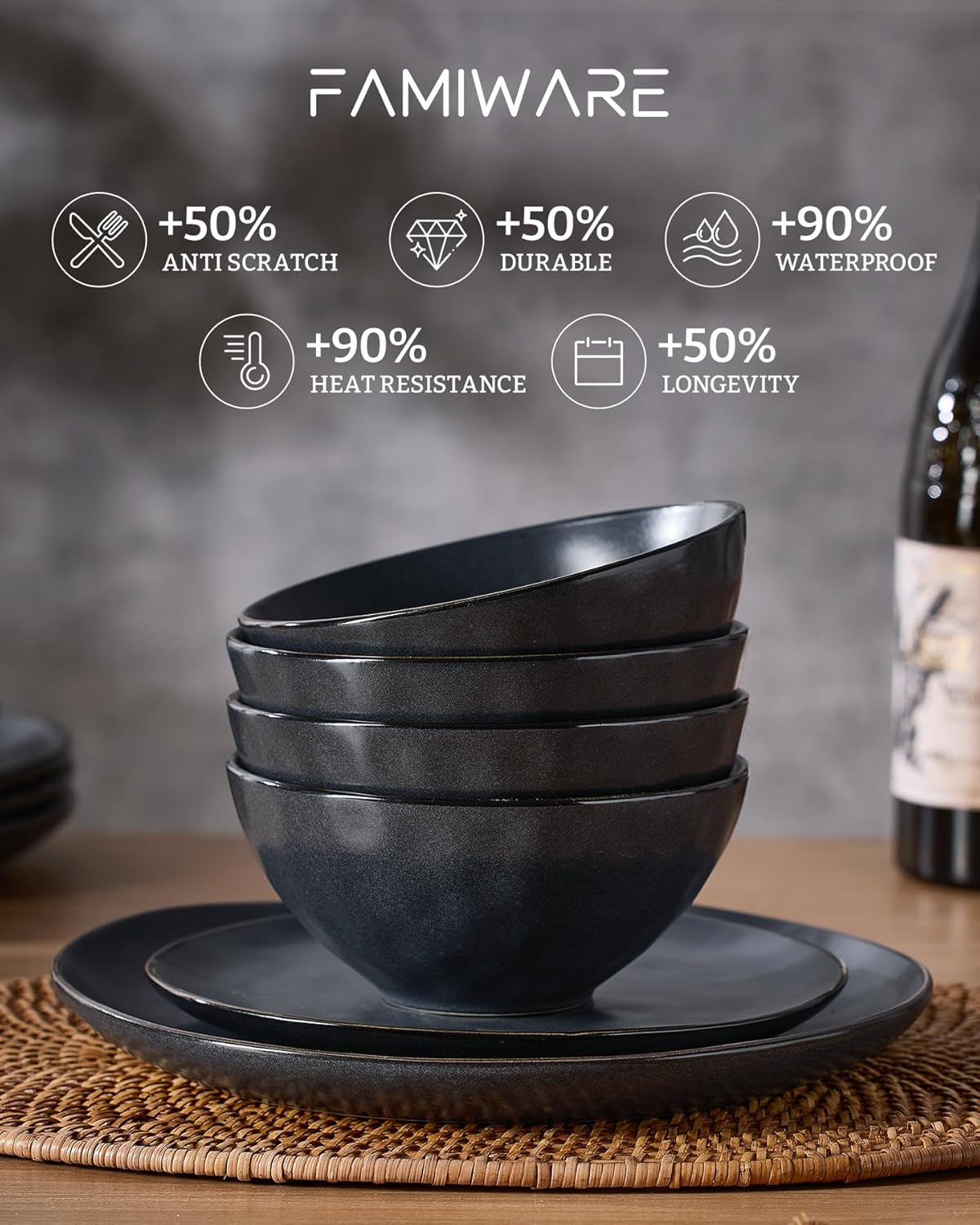Famiware Dinnerware Sets for 8, Ocean Round 24-Piece Kitchen Plates and Bowls Sets, Microwave and Dishwasher Safe, Scratch Resistant, Matte Black