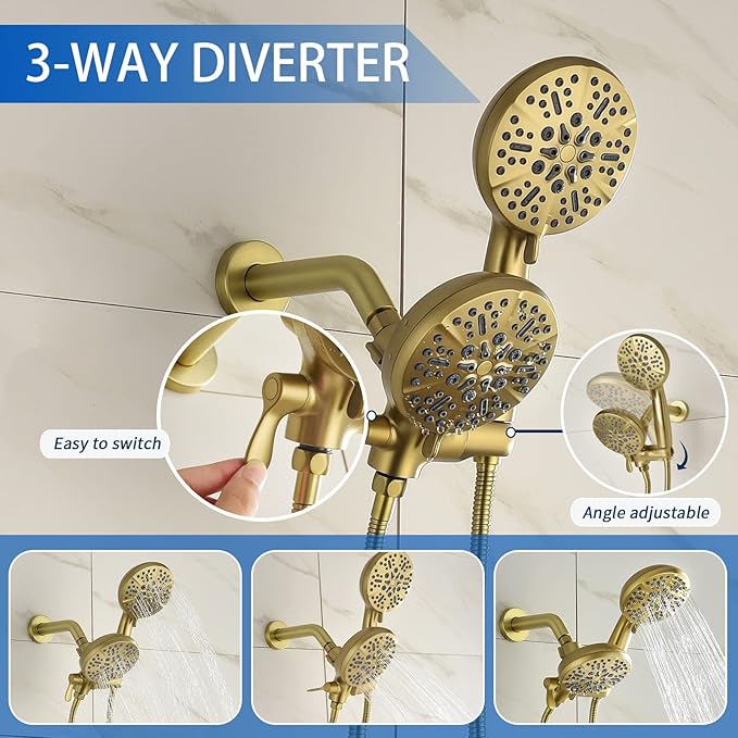 Dual Shower Faucet Set with Valve High Pressure Dual 2 in 1 Shower Combo Set Shower System with Handheld Showerhead 3-way Water Diverter Shower Trim Kit Brushed Gold