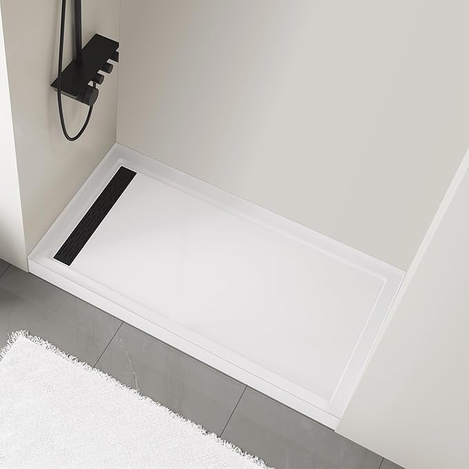 MORVANO 32 x 60 Shower Base with Single Threshold Rectangular Left Drain Location Shower Base in Glossy White,Acrylic Shower Pan With Black Stainess Steel Cover