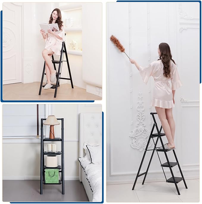 Double Elite Step Ladder 4 Step Folding with Handgrip, Safer 330 Lbs Load Folding Step Stool, Convenient Small Step Ladder with Tool Bag, Sturdy Ladders for Adults with Wide Pedals, Black