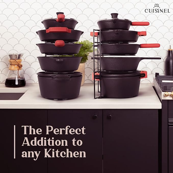 Pan Organizer - 2-PACK of Silicone-Coated Non-Slip 15" Heavy Duty Skillet Rack - Kitchen Counter/Cabinet Organization Storage - Holder for Cookie Sheet, Cutting Board, Cast Iron Cookware, Dish Stand