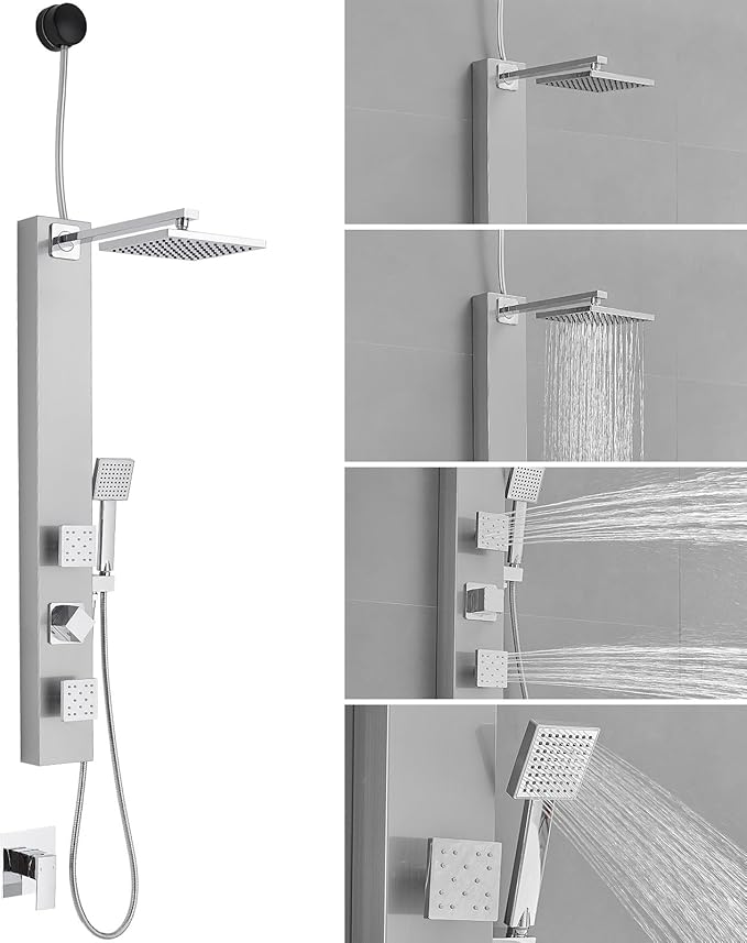 BWE Shower Panel with Rainfall Shower Head 3-Function Faucet Stainless Steel Wall Mount Retrofit Shower System with 2 Body Massage Jets and Handheld Shower,Brushed Nickel