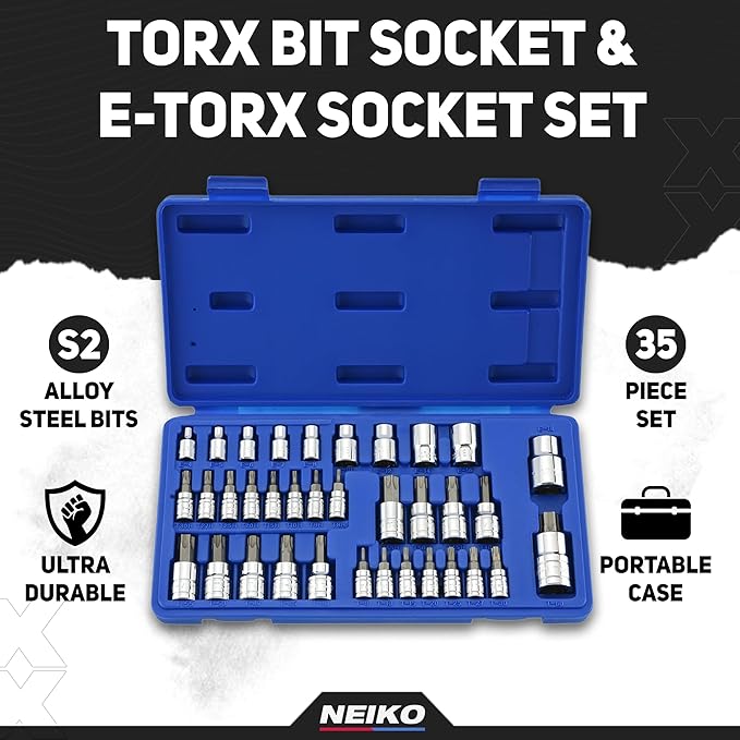 Neiko 10070A Torx Bit Socket and E-Torx Star Socket Set | 35-Piece Set, S2 and Cr-V Steel, 1/4”, 3/8” and 1/2-Inch Drive