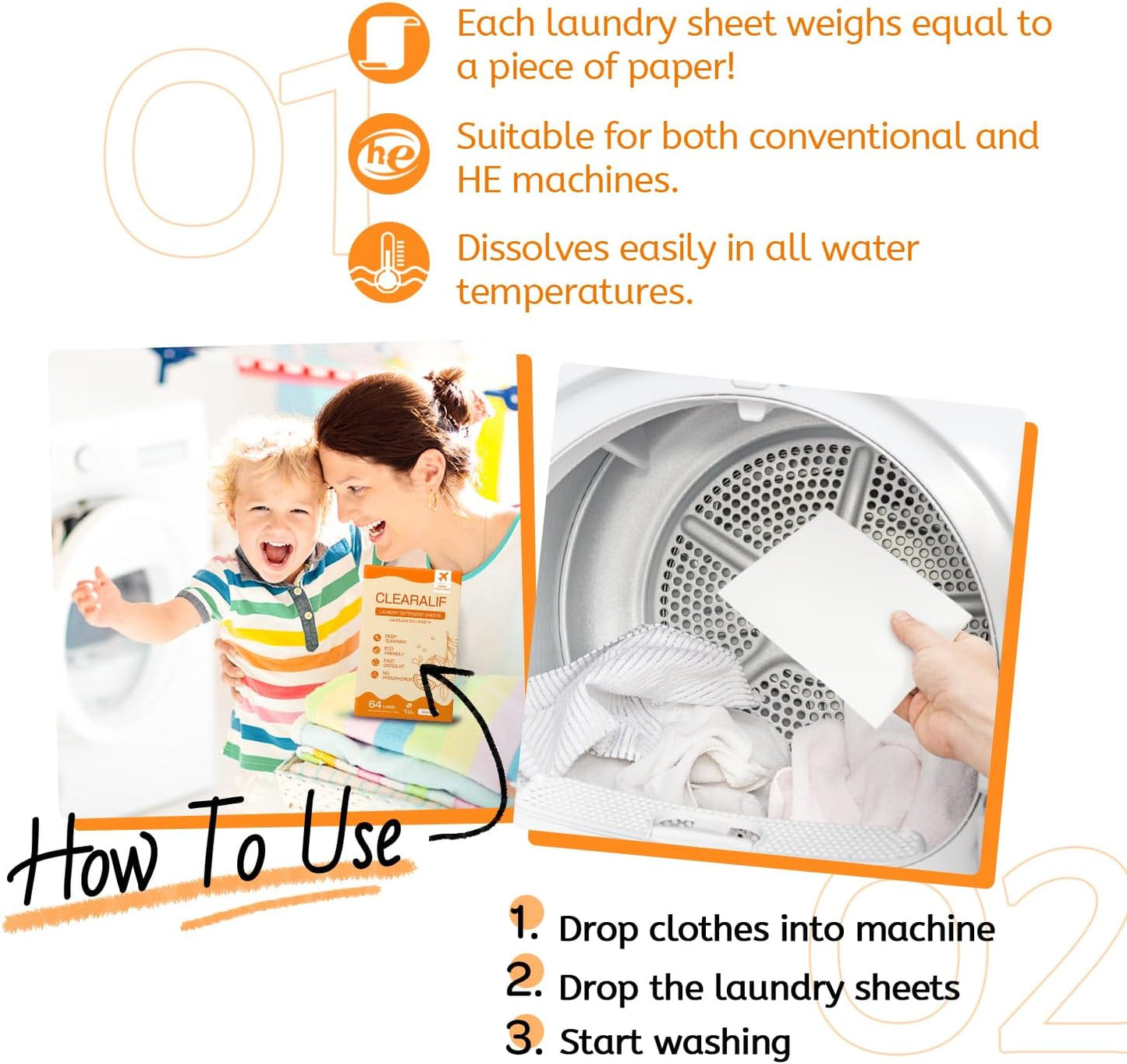 CLEARALIF Laundry Detergent Sheets, Orange, 64 Load, CLEARALIF Laundry Detergent Strips Eco Friendly & Hypoallergenic